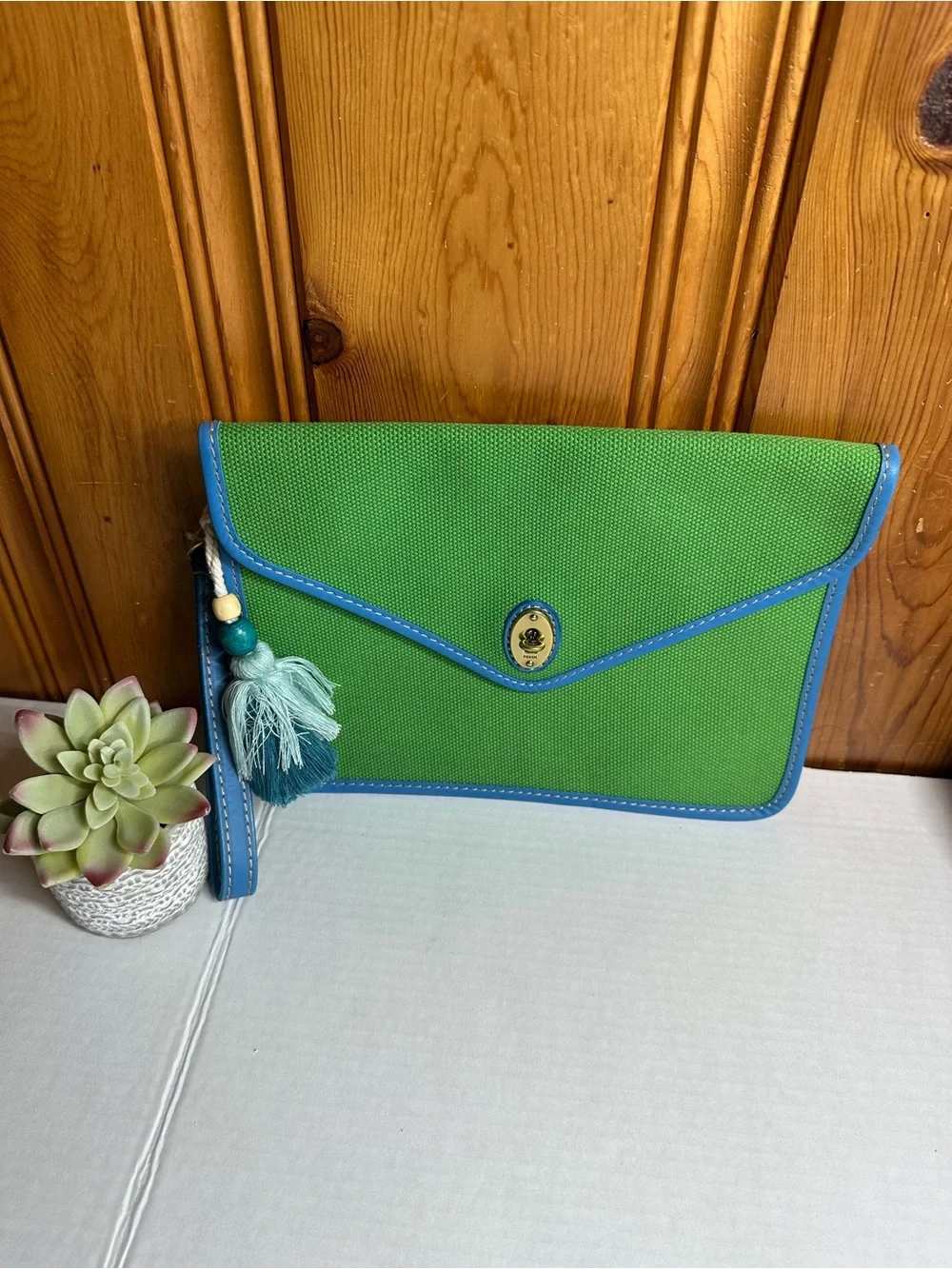 Fossil Green Canvas Wristlet Clutch with Blue Trim